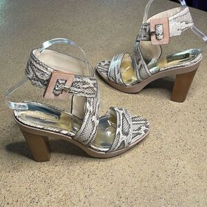 Coach Kensington Snake Print Ankle Wrap Platform Heeled Sandals 8.5 Nude, Taupe